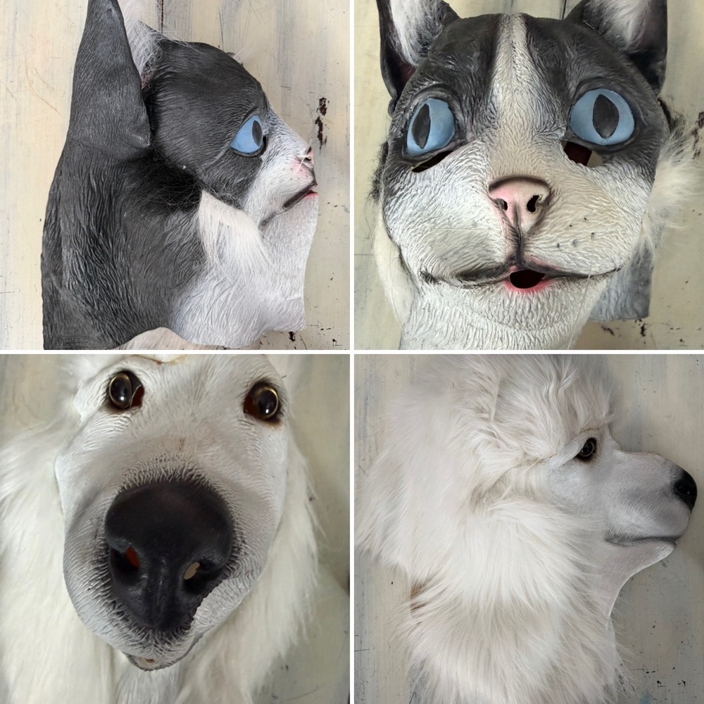 Realistic Dog and Cat Mask, Plastic or Rubber and Fur Poodle and Tuxedo Cat